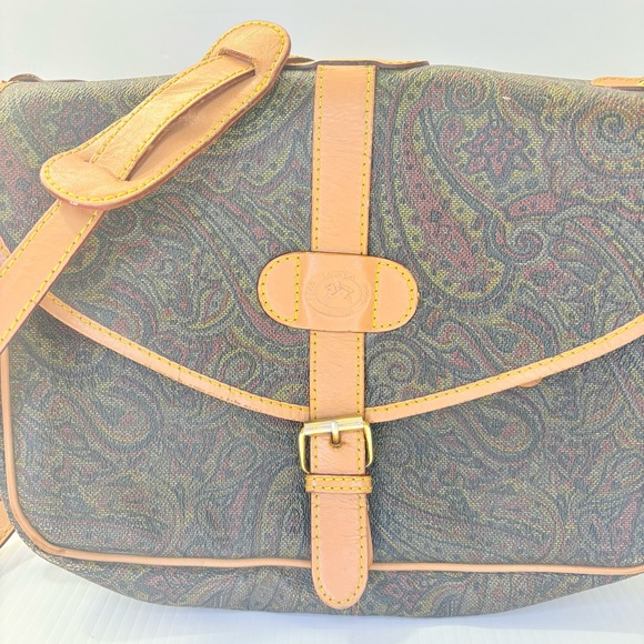 Vintage Longchamp Paisley Canvas Leather Messenger Bag Crossbody Satchel  Saddle - Picture 4 of 14